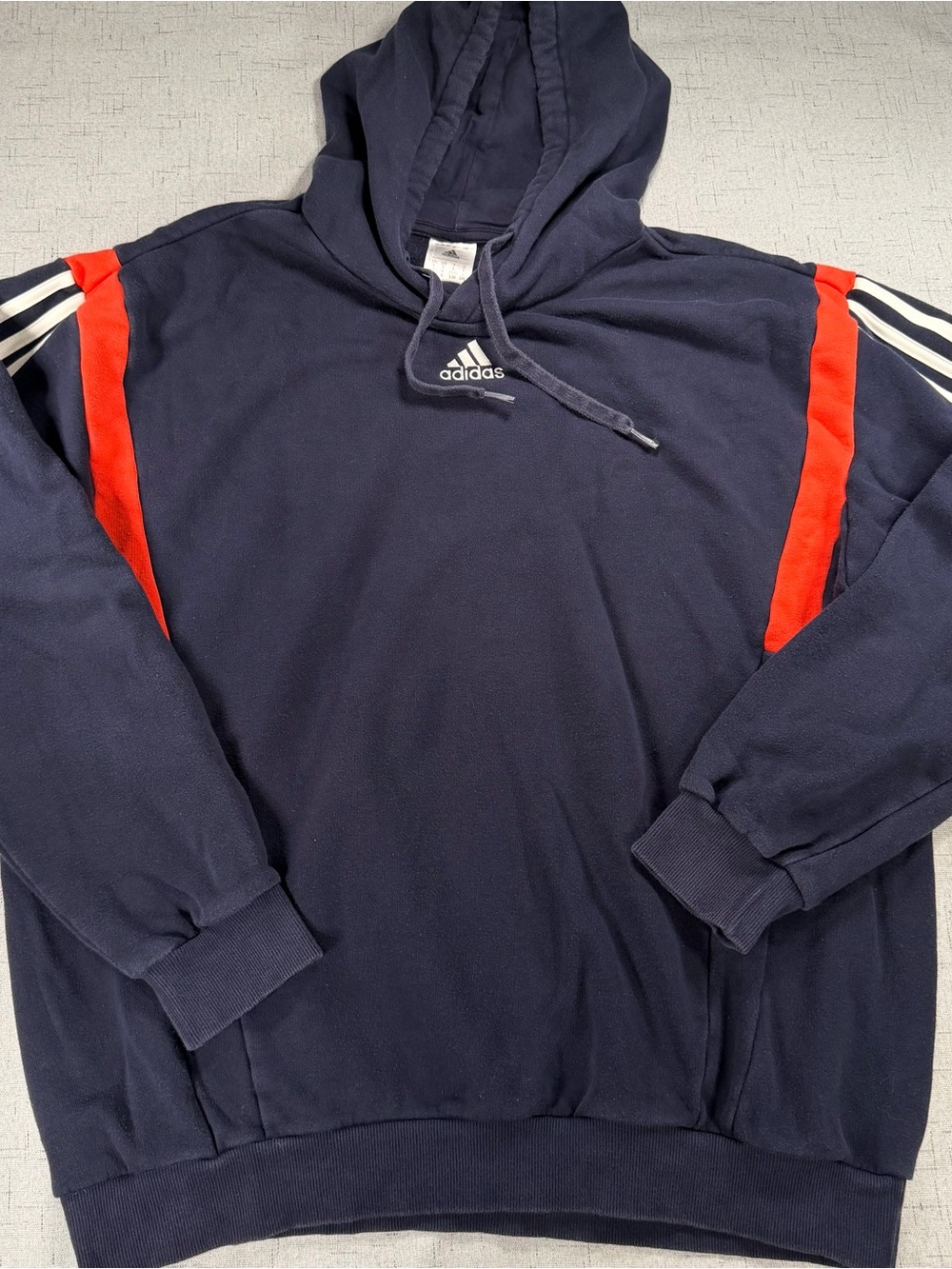 Y2K adidas Navy/Red Fleece Pullover Hoodie Men's L Drawstring 3-Stripes Logo